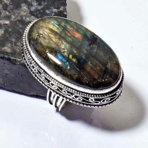 Labradorite Ethnic Handmade Antique Design Ring Jewelry US Size-7 Witchy Large